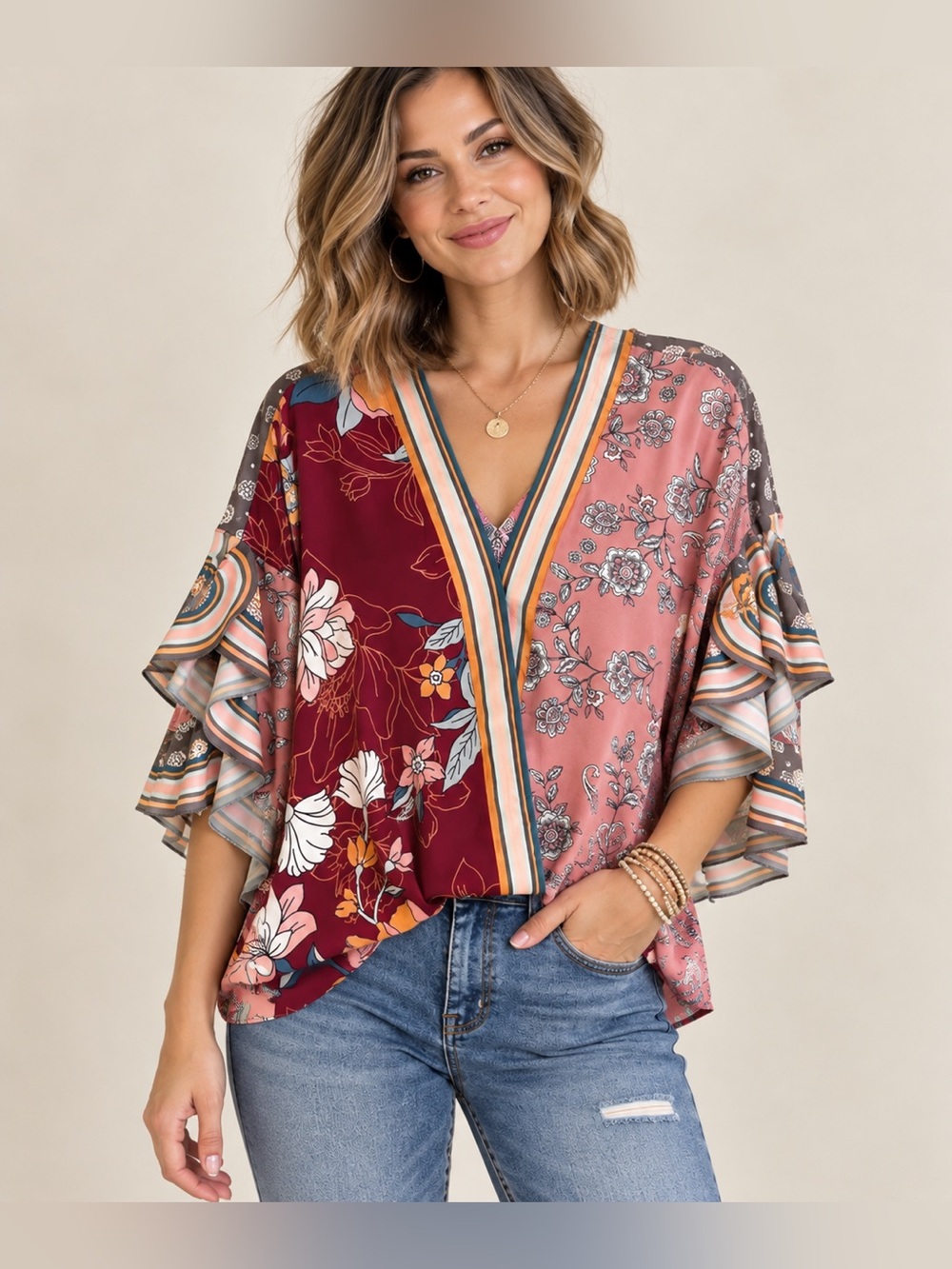 Umgee Colorful Floral Surplice Top Lightweight Bohemian Blouse